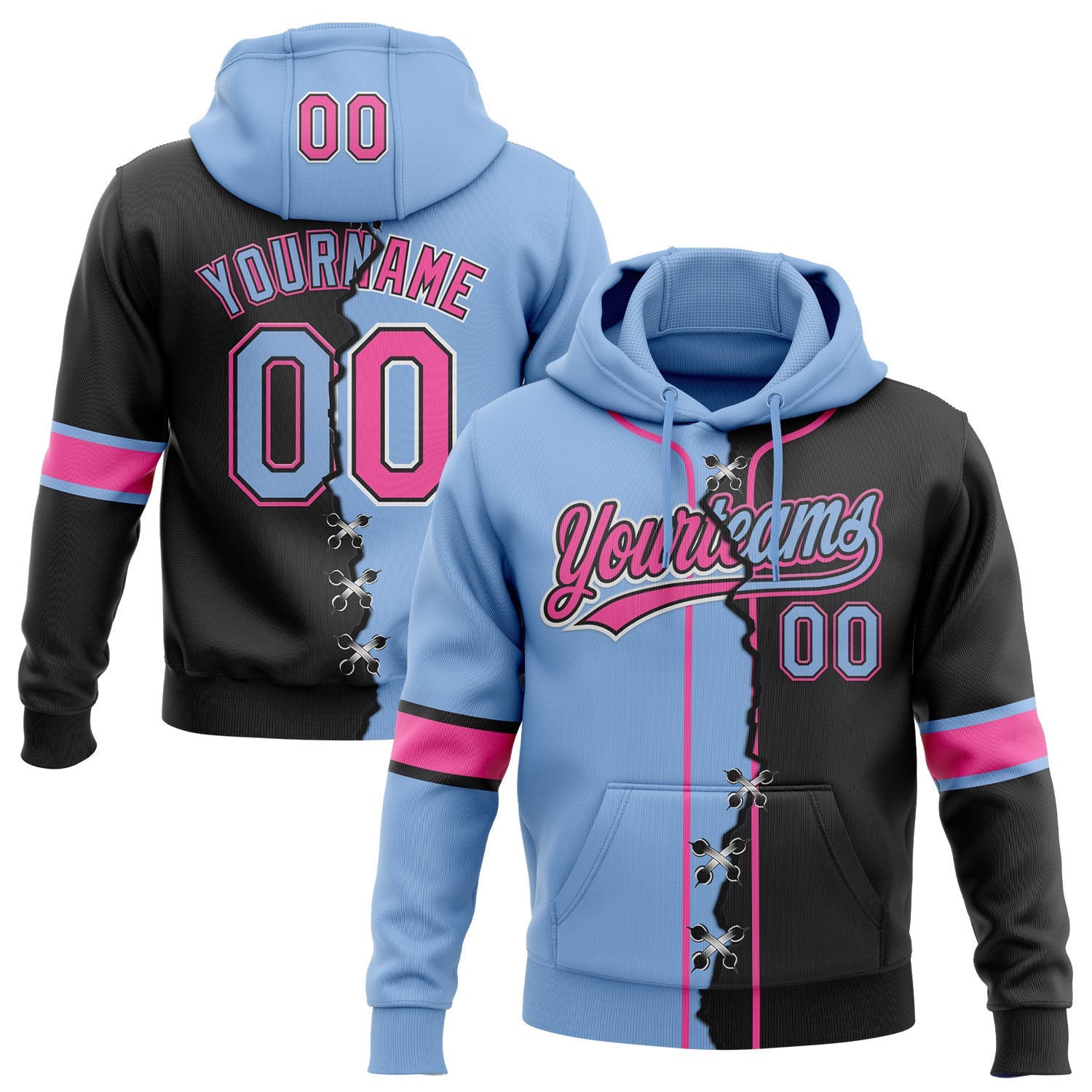 Custom Black Light Blue Pink-White Split Ripped Pattern Baseball Pullover Sweatshirt Hoodie - Main View