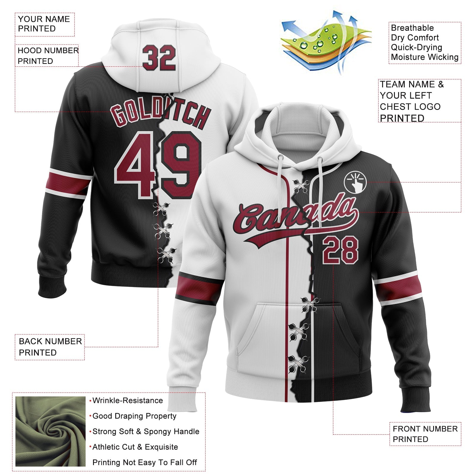 Custom Black Crimson-White Split Ripped Pattern Baseball Pullover Sweatshirt Hoodie view 4