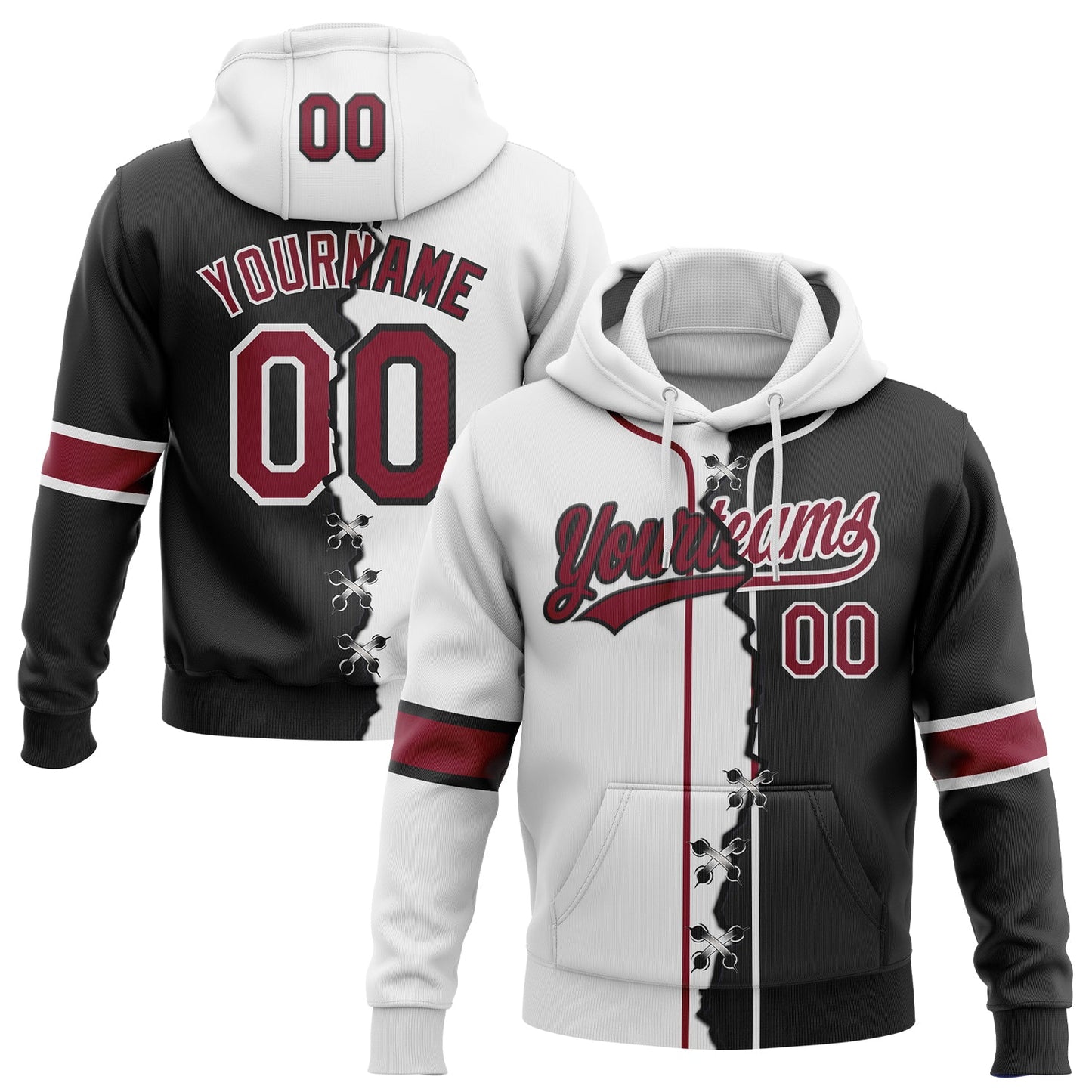 Custom Black Crimson-White Split Ripped Pattern Baseball Pullover Sweatshirt Hoodie - Main View