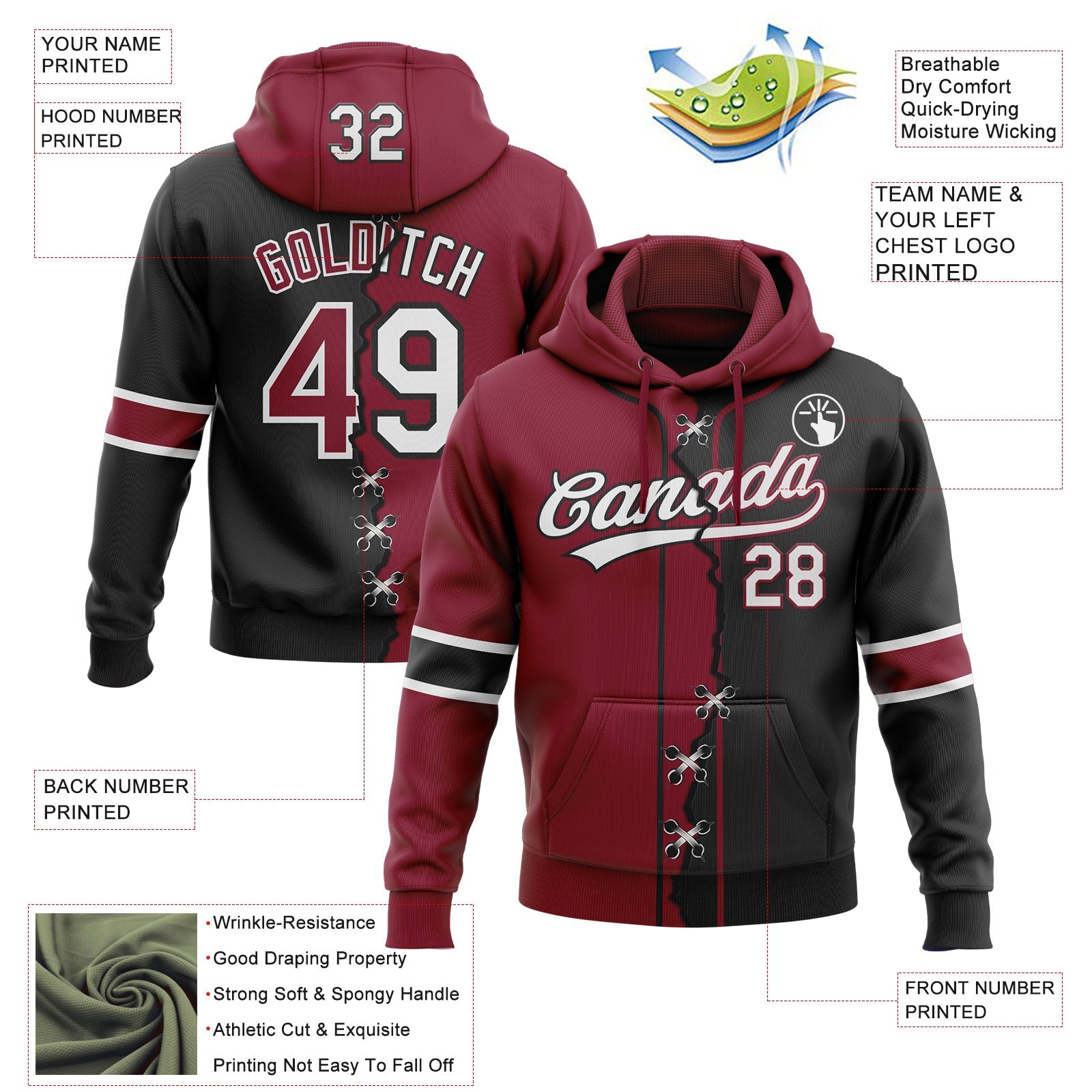 Custom Black White-Crimson Split Ripped Pattern Baseball Pullover Sweatshirt Hoodie view 4