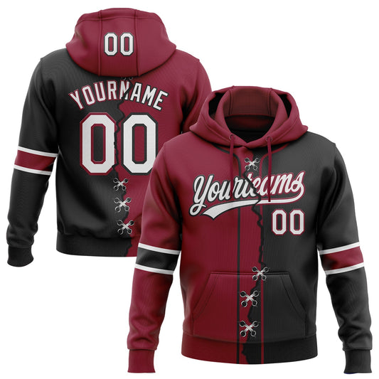 Custom Black White-Crimson Split Ripped Pattern Baseball Pullover Sweatshirt Hoodie - Main View