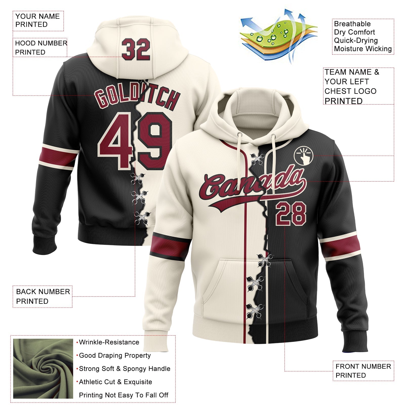 Custom Black Crimson-Cream Split Ripped Pattern Baseball Pullover Sweatshirt Hoodie view 4