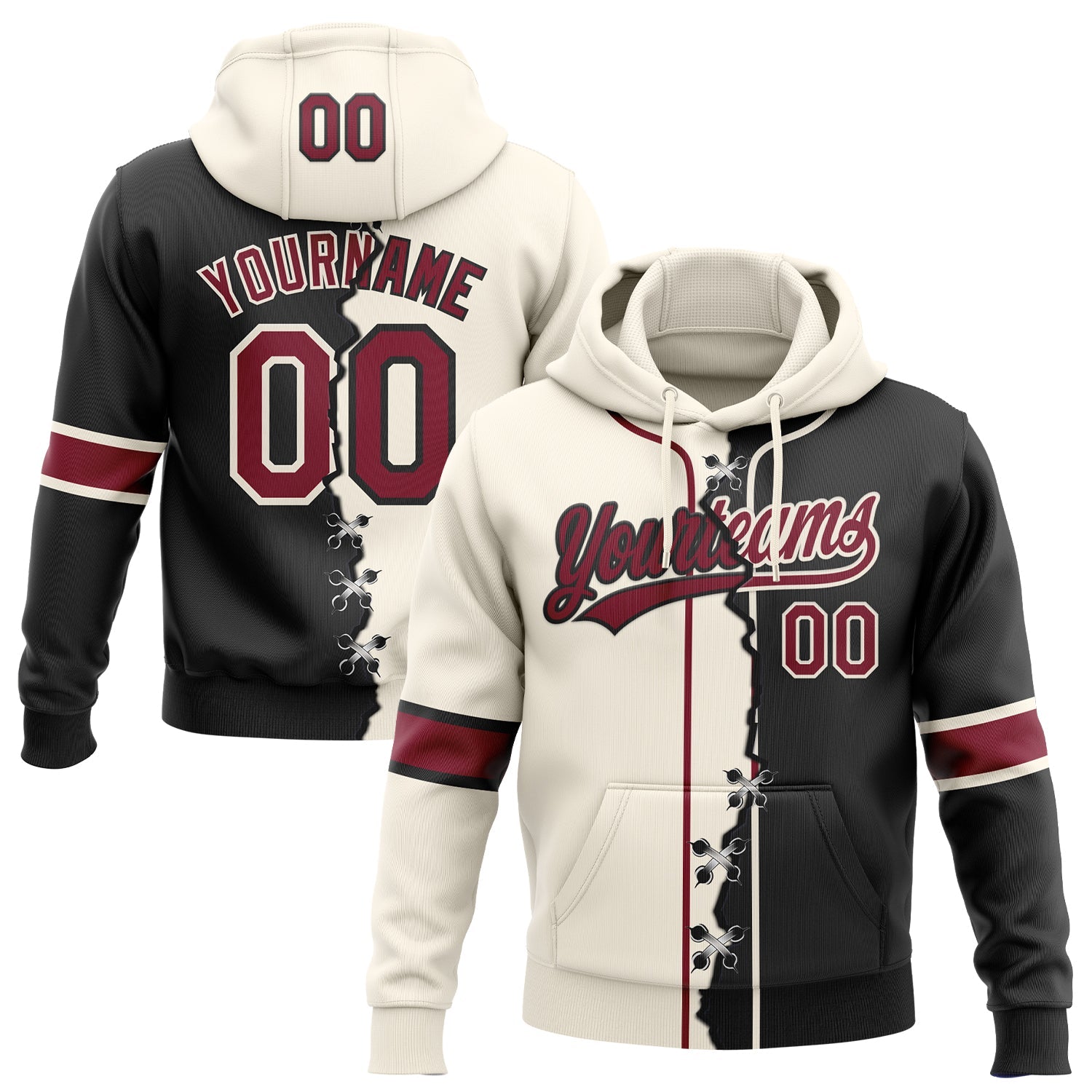 Custom Black Crimson-Cream Split Ripped Pattern Baseball Pullover Sweatshirt Hoodie - Main View