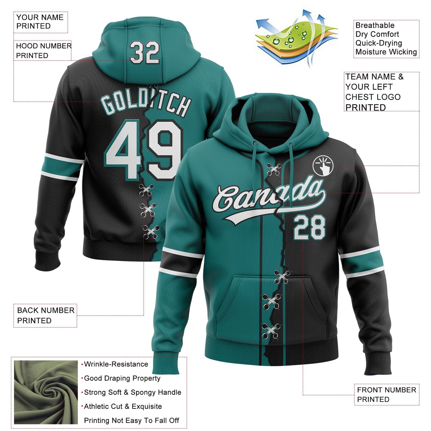 Custom Black White-Teal Split Ripped Pattern Baseball Pullover Sweatshirt Hoodie view 4