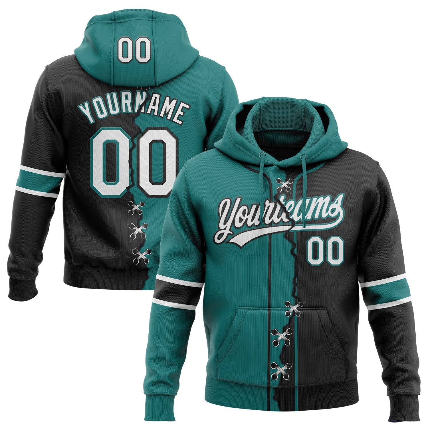 Custom Black White-Teal Split Ripped Pattern Baseball Pullover Sweatshirt Hoodie - Main View