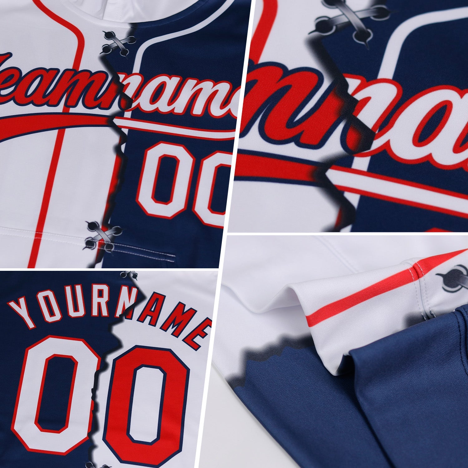 Custom Black Teal Split Ripped Pattern Baseball Pullover Sweatshirt Hoodie view 2