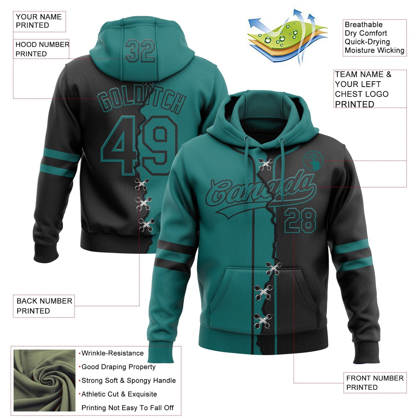 Custom Black Teal Split Ripped Pattern Baseball Pullover Sweatshirt Hoodie view 4