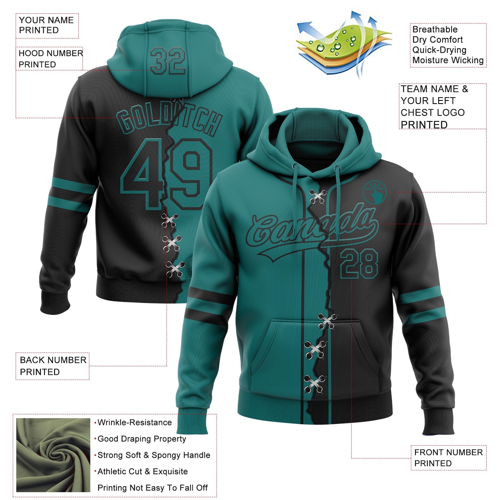 Custom Black Teal Split Ripped Pattern Baseball Pullover Sweatshirt Hoodie view 4