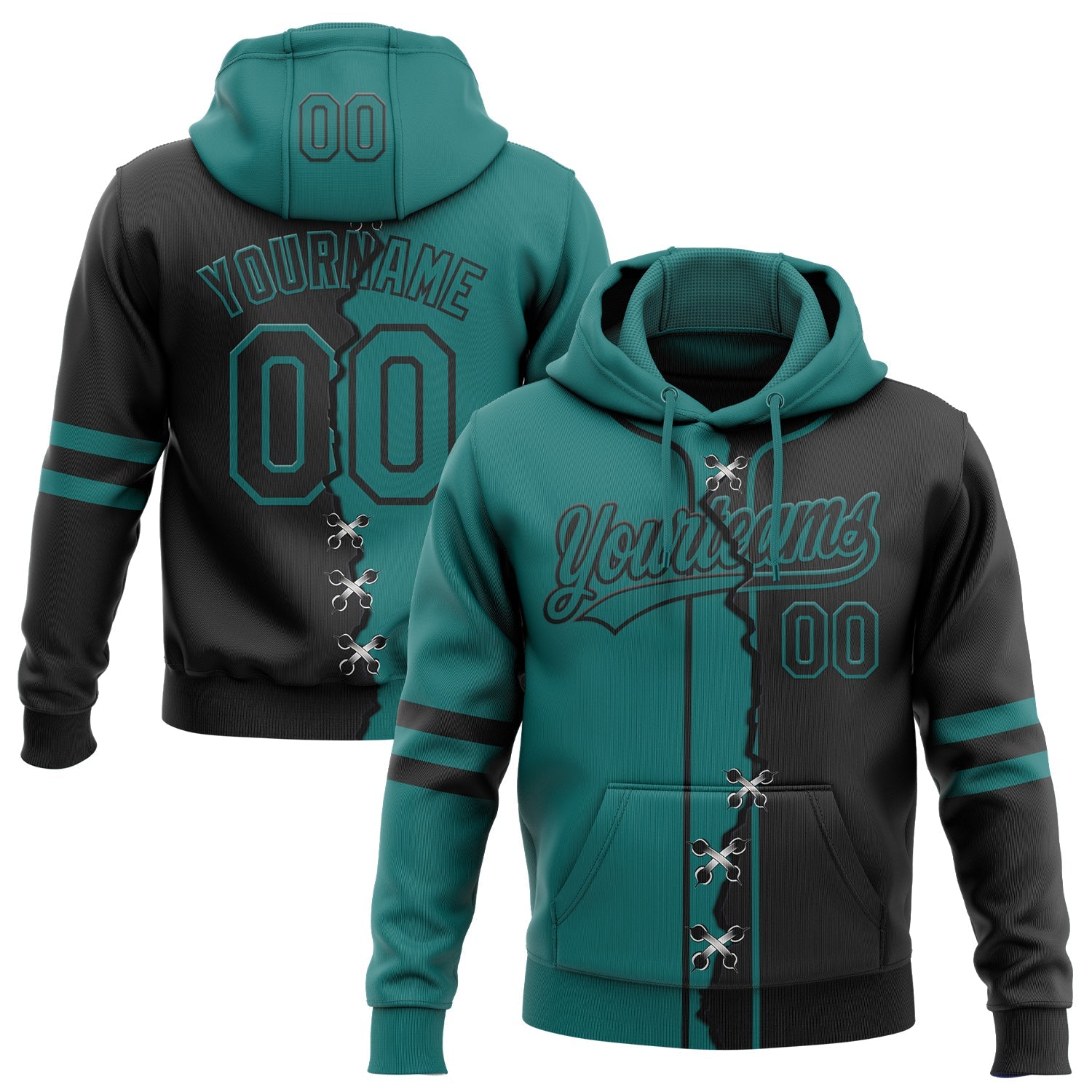 Custom Black Teal Split Ripped Pattern Baseball Pullover Sweatshirt Hoodie - Main View