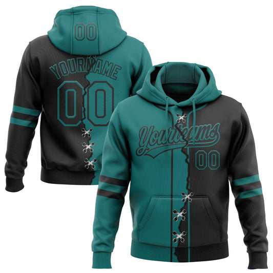 Custom Black Teal Split Ripped Pattern Baseball Pullover Sweatshirt Hoodie - Main View