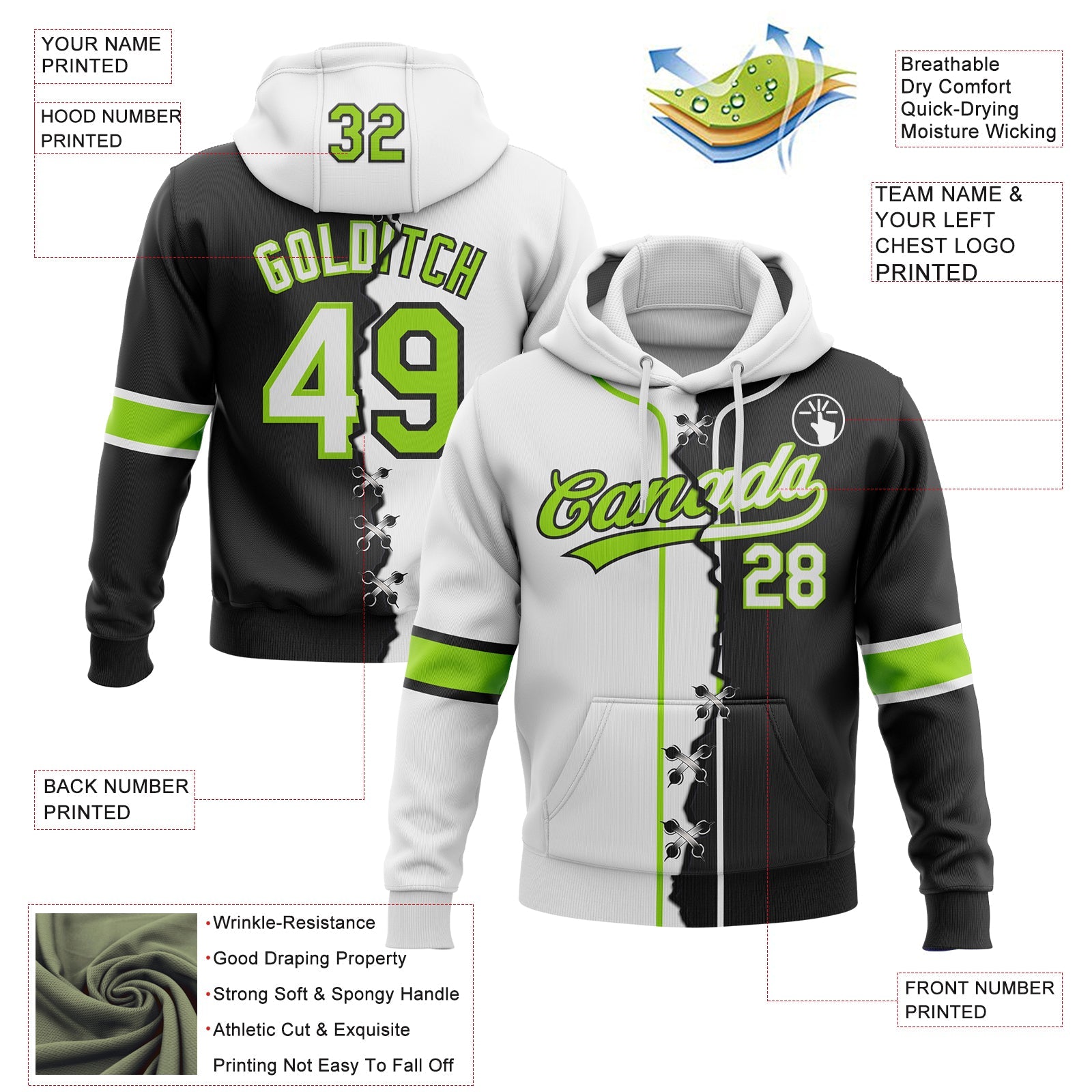 Custom Black White-Neon Green Split Ripped Pattern Baseball Pullover Sweatshirt Hoodie view 4