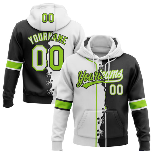 Custom Black White-Neon Green Split Ripped Pattern Baseball Pullover Sweatshirt Hoodie - Main View