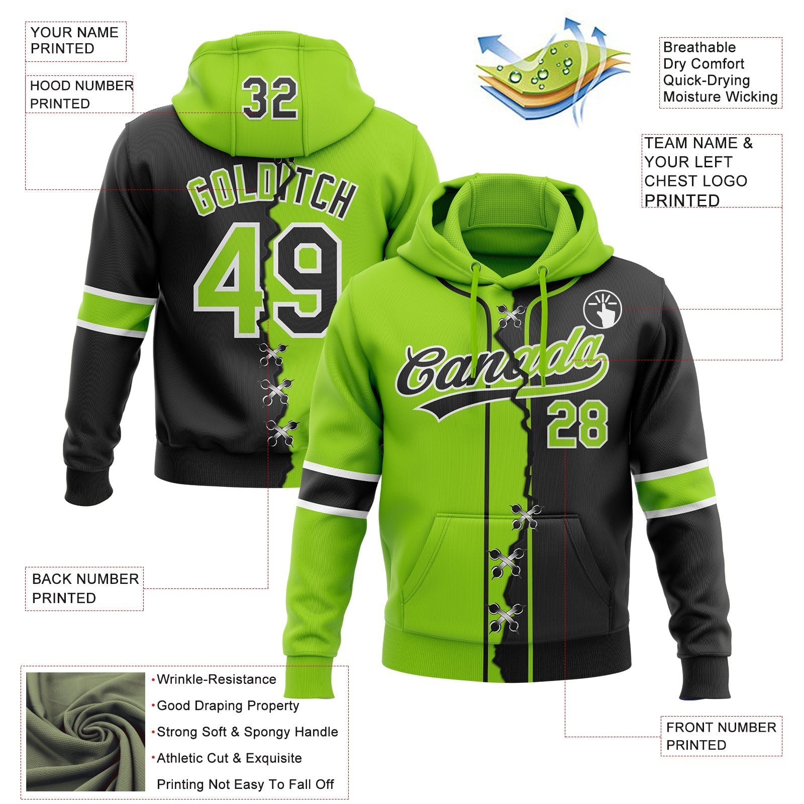Custom Black Neon Green-White Split Ripped Pattern Baseball Pullover Sweatshirt Hoodie view 4