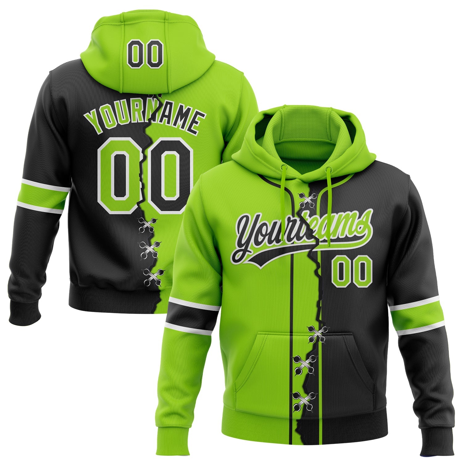 Custom Black Neon Green-White Split Ripped Pattern Baseball Pullover Sweatshirt Hoodie - Main View