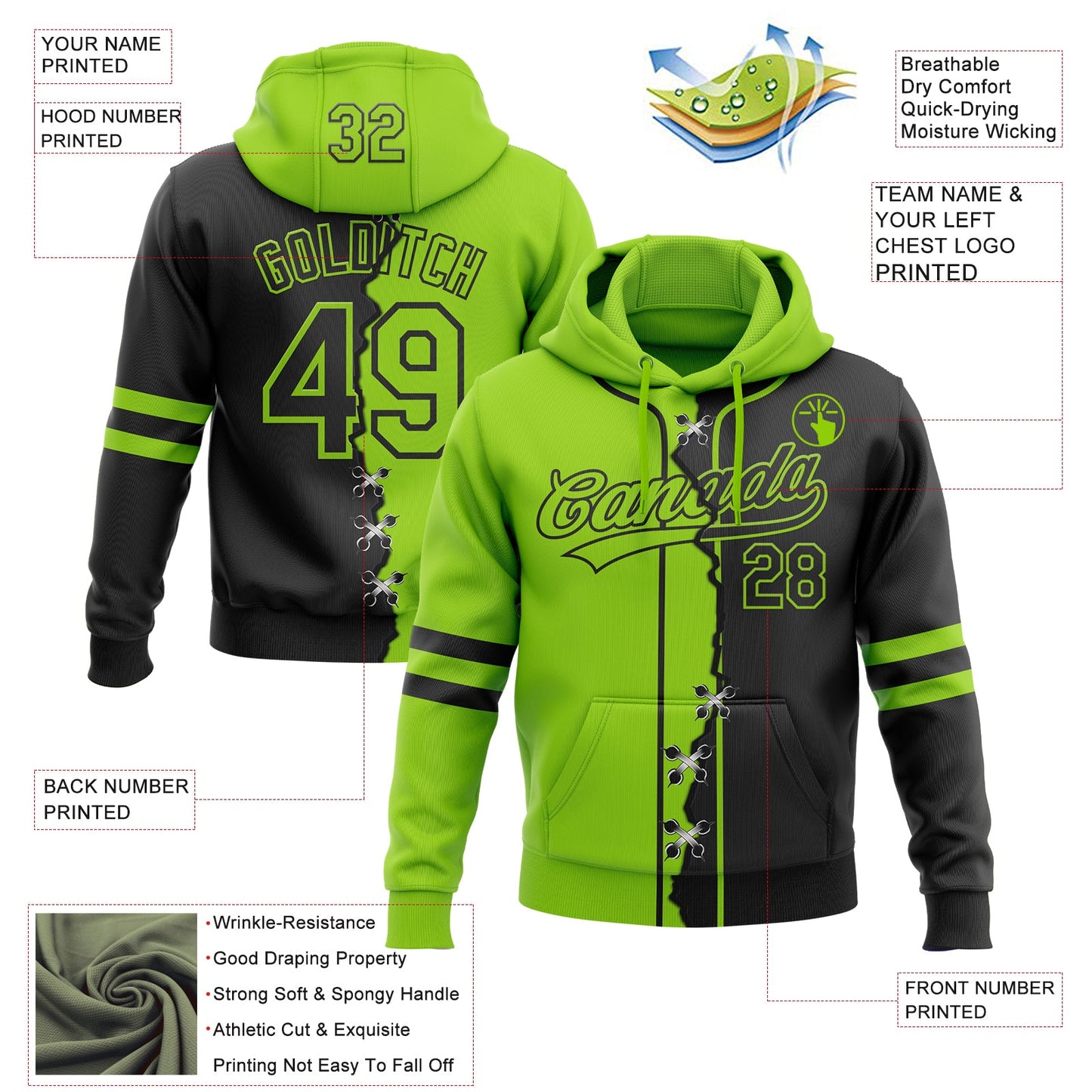 Custom Black Neon Green Split Ripped Pattern Baseball Pullover Sweatshirt Hoodie view 4
