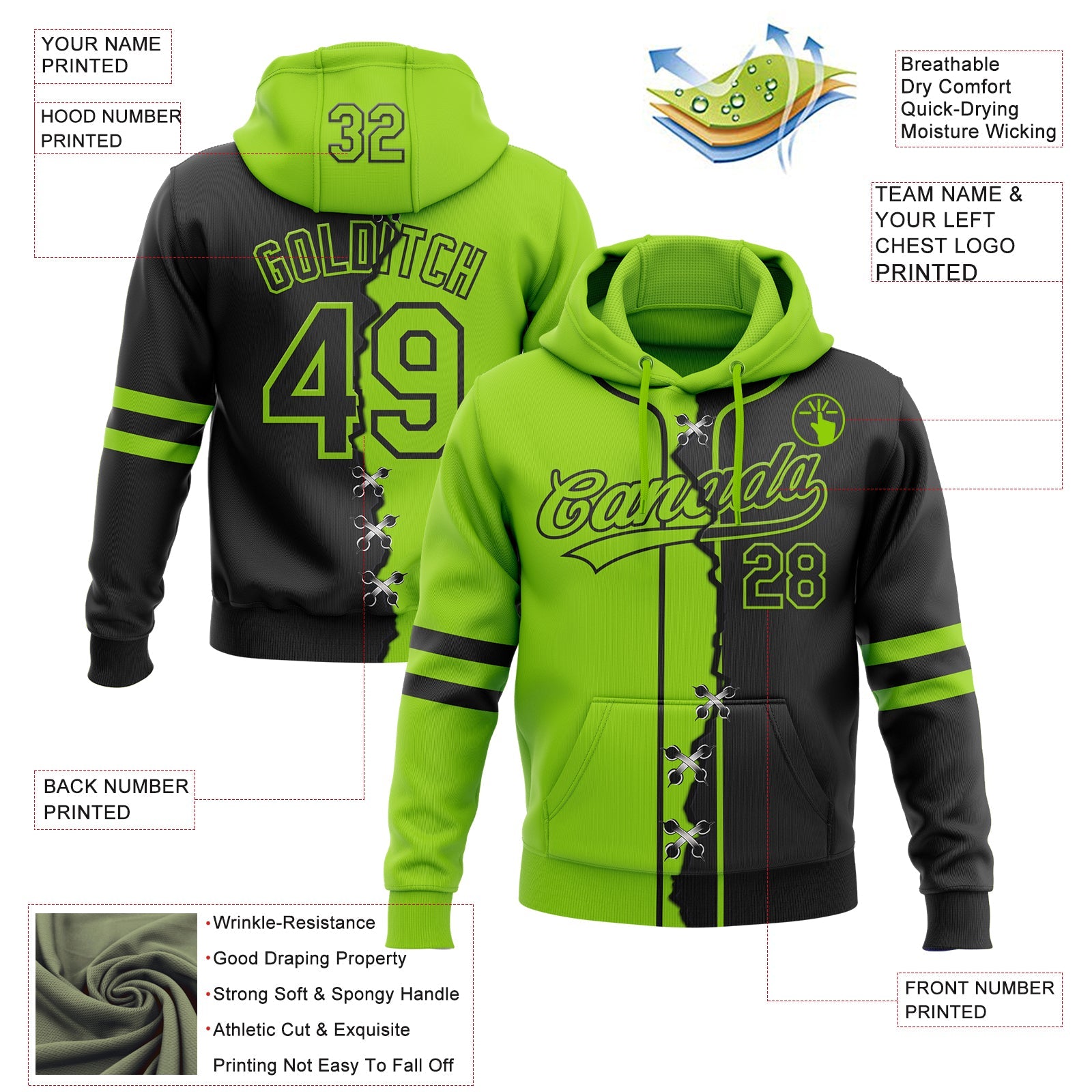 Custom Black Neon Green Split Ripped Pattern Baseball Pullover Sweatshirt Hoodie view 4