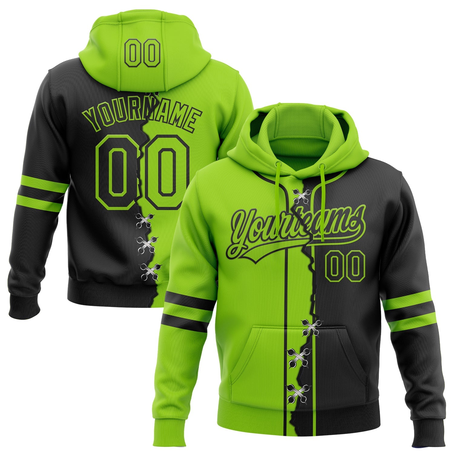Custom Black Neon Green Split Ripped Pattern Baseball Pullover Sweatshirt Hoodie - Main View