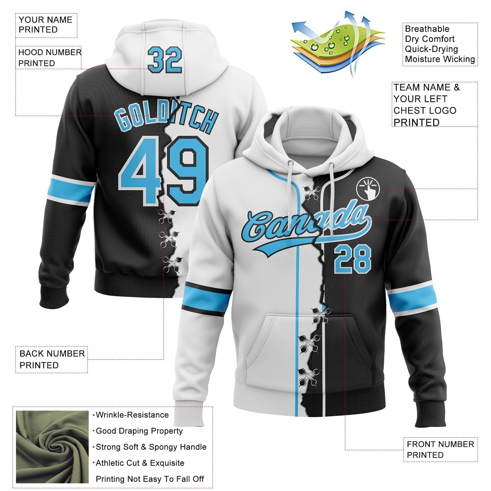 Custom Black Sky Blue-White Split Ripped Pattern Baseball Pullover Sweatshirt Hoodie view 4