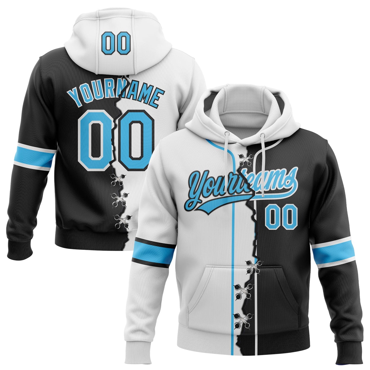 Custom Black Sky Blue-White Split Ripped Pattern Baseball Pullover Sweatshirt Hoodie - Main View