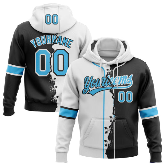 Custom Black Sky Blue-White Split Ripped Pattern Baseball Pullover Sweatshirt Hoodie - Main View