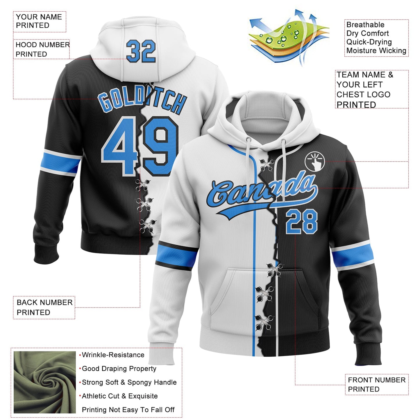 Custom Black Powder Blue-White Split Ripped Pattern Baseball Pullover Sweatshirt Hoodie view 4