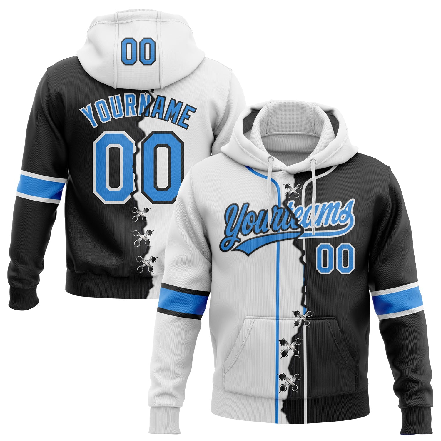 Custom Black Powder Blue-White Split Ripped Pattern Baseball Pullover Sweatshirt Hoodie - Main View