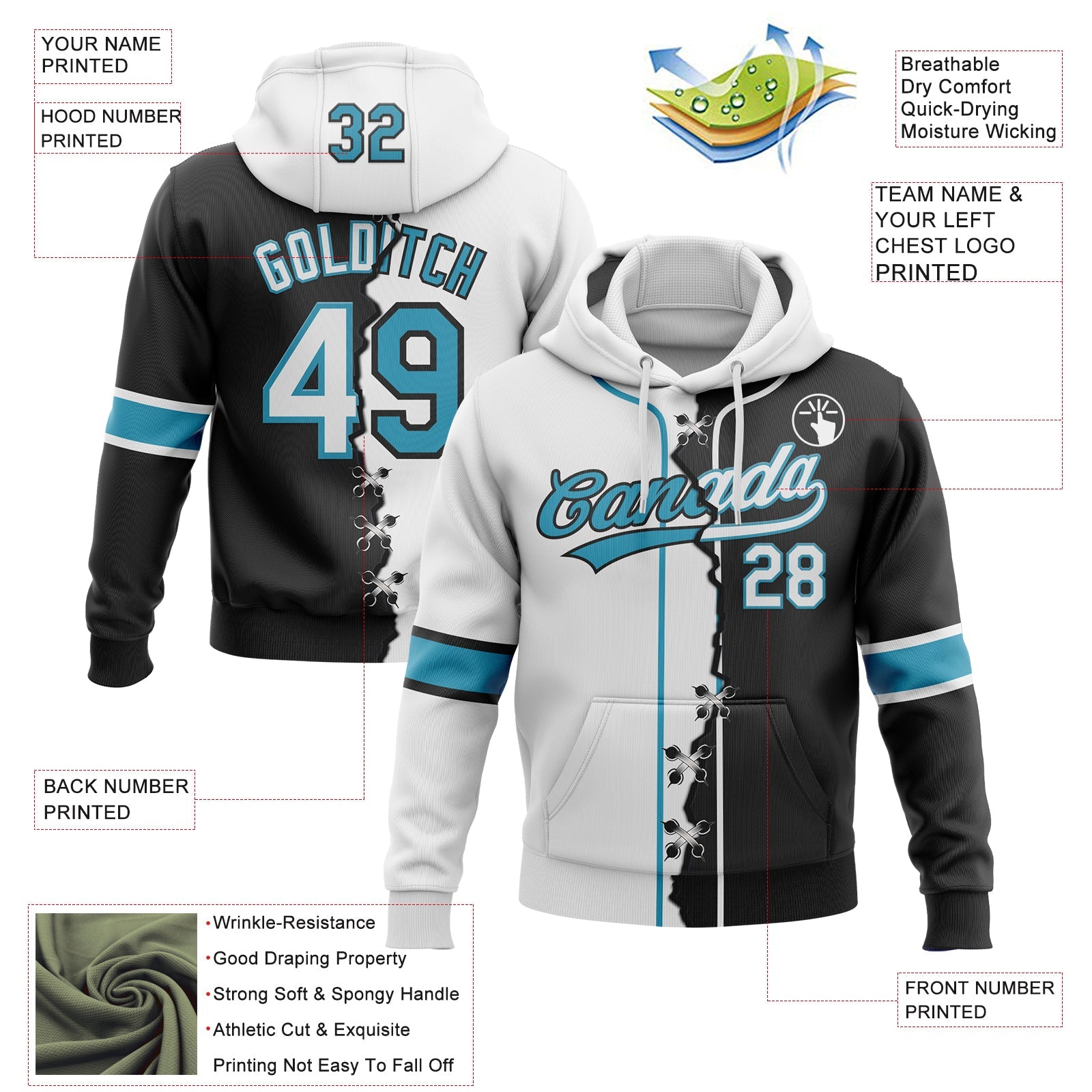 Custom Black White-Panther Blue Split Ripped Pattern Baseball Pullover Sweatshirt Hoodie view 4