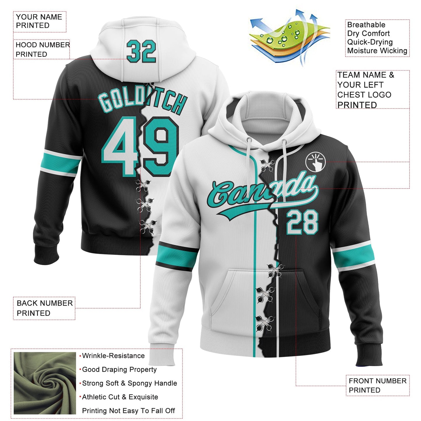 Custom Black White-Aqua Split Ripped Pattern Baseball Pullover Sweatshirt Hoodie view 4