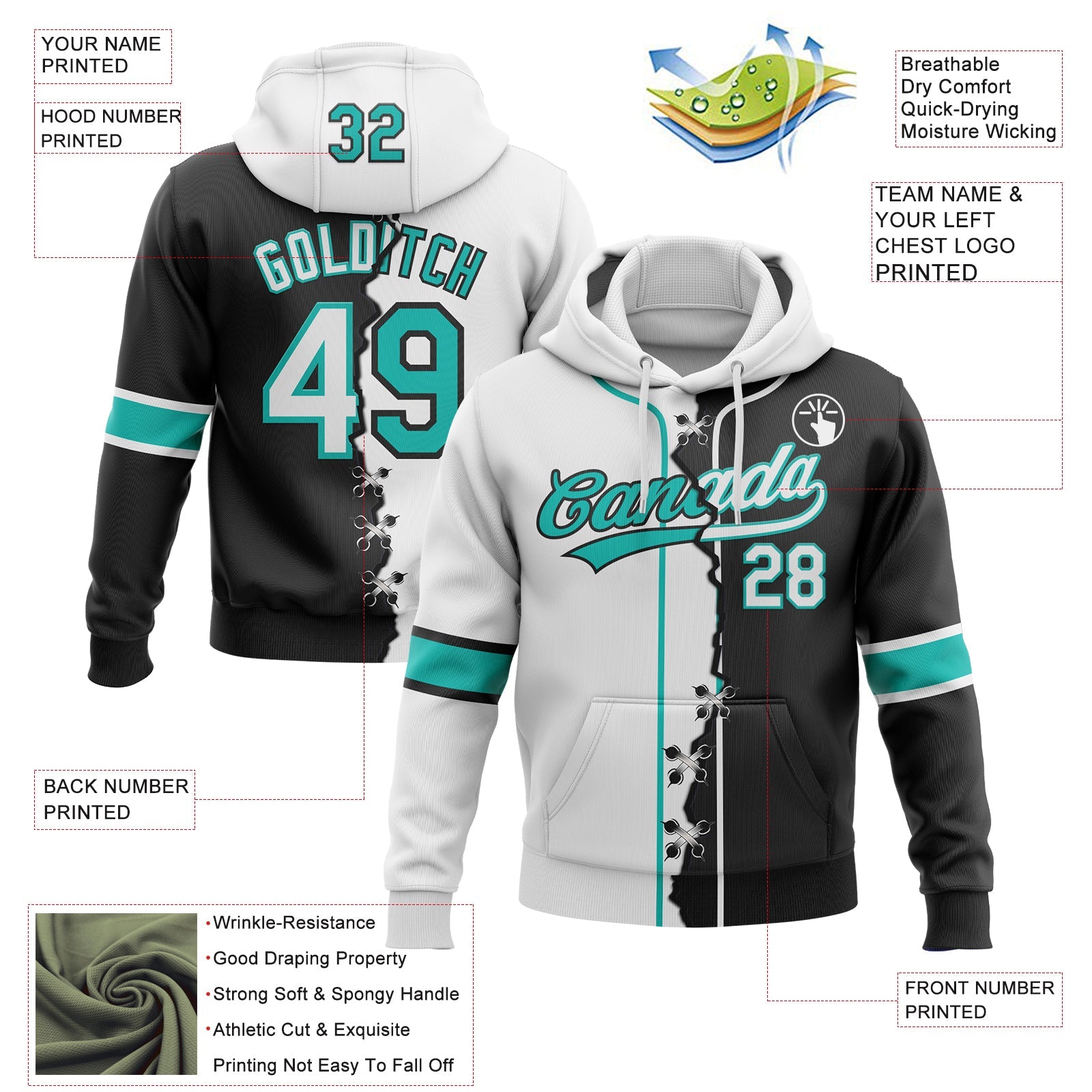 Custom Black White-Aqua Split Ripped Pattern Baseball Pullover Sweatshirt Hoodie view 4