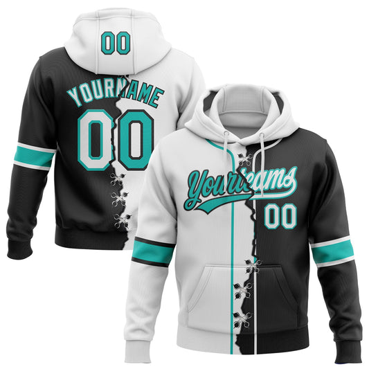 Custom Black White-Aqua Split Ripped Pattern Baseball Pullover Sweatshirt Hoodie - Main View