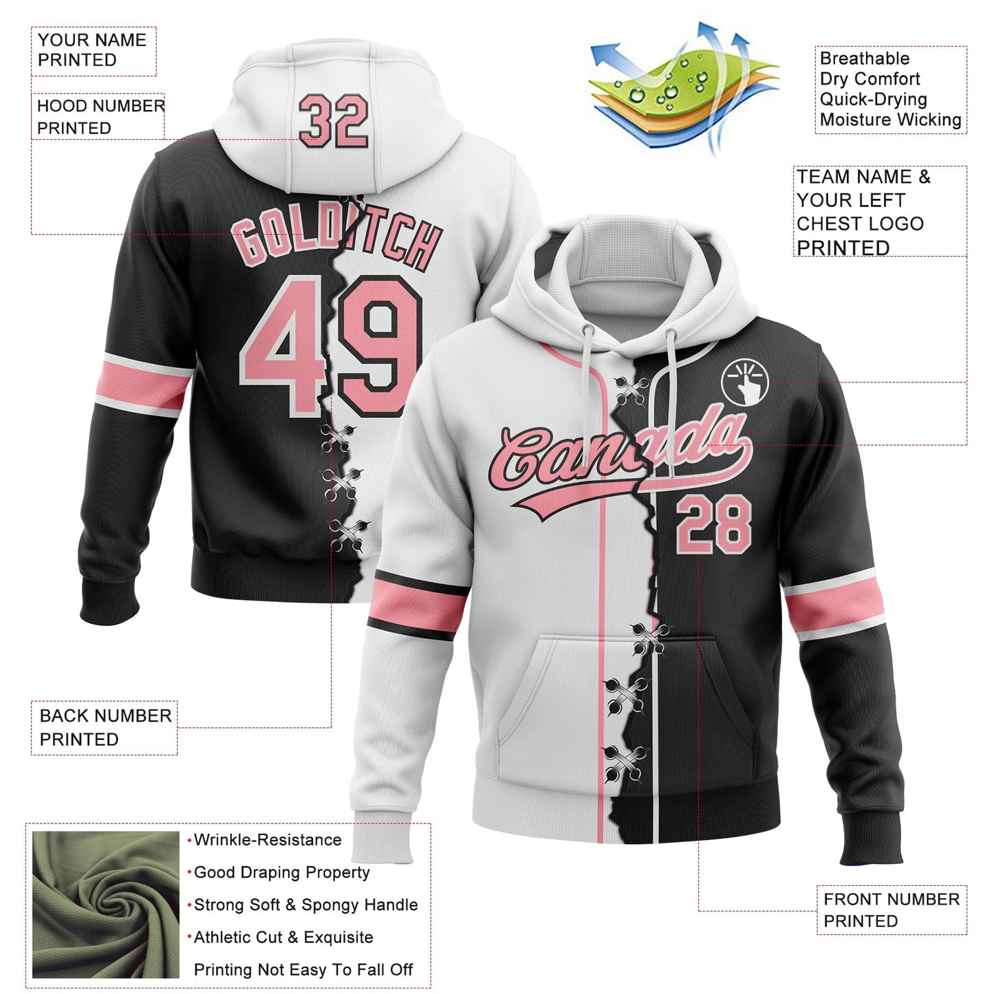 Custom Black Medium Pink-White Split Ripped Pattern Baseball Pullover Sweatshirt Hoodie view 4