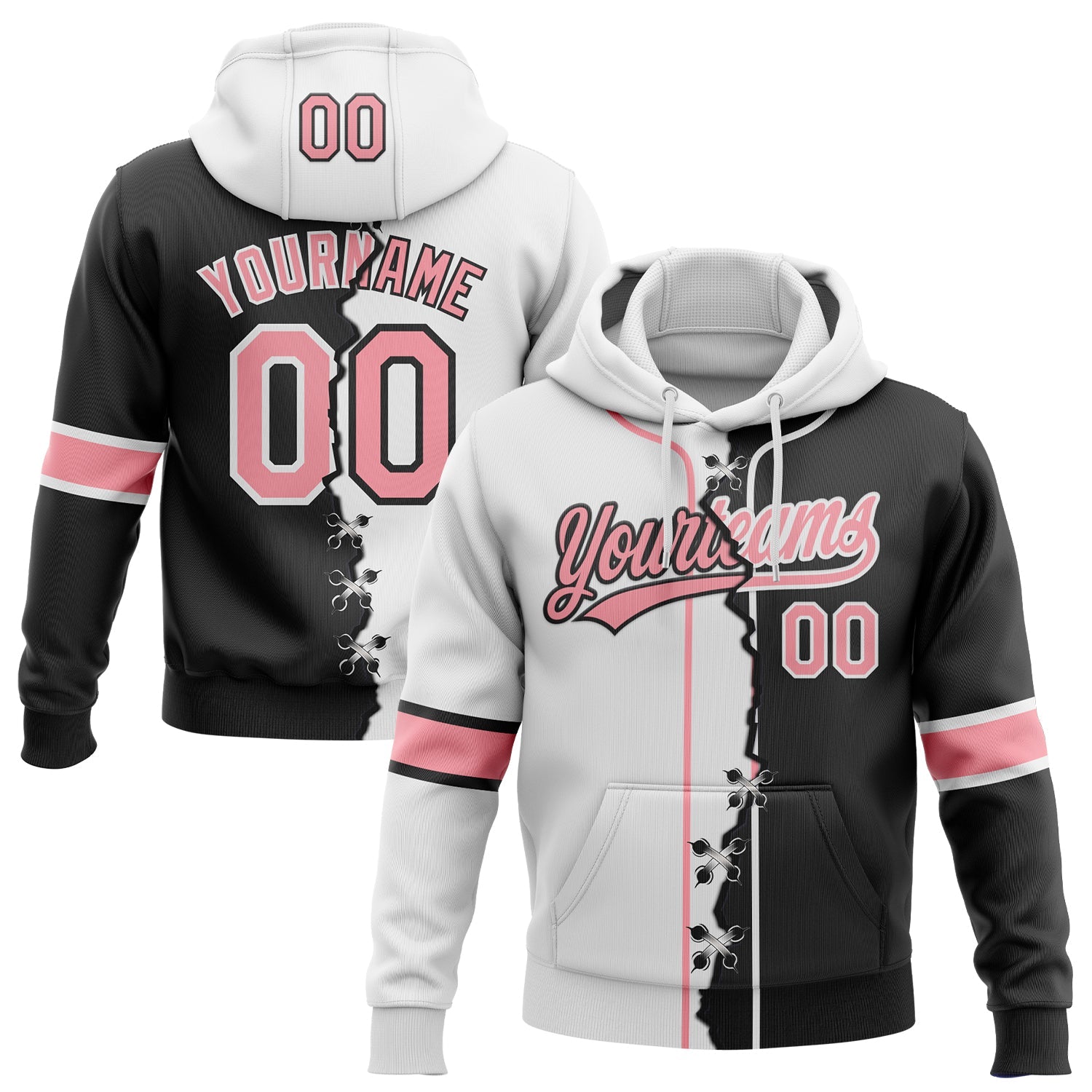 Custom Black Medium Pink-White Split Ripped Pattern Baseball Pullover Sweatshirt Hoodie - Main View