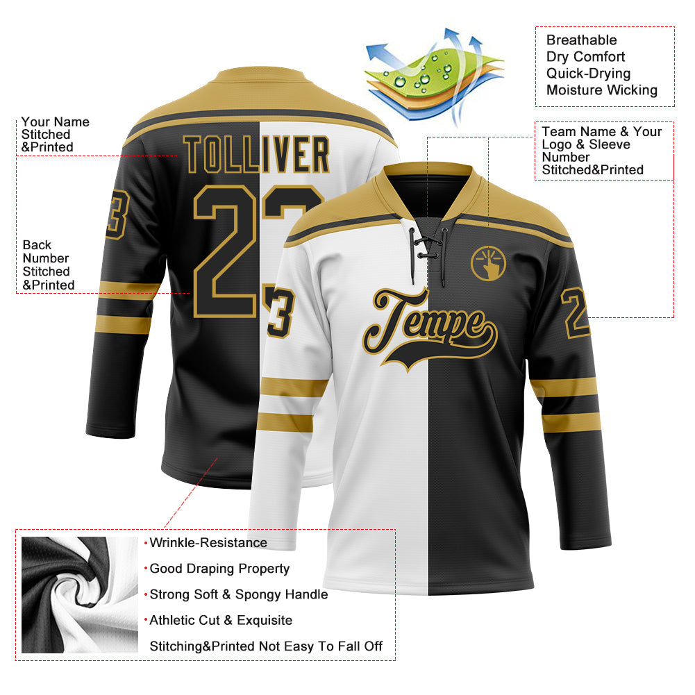 Custom Black Old Gold-White Split Fashion Hockey Lace Neck Jersey view 5