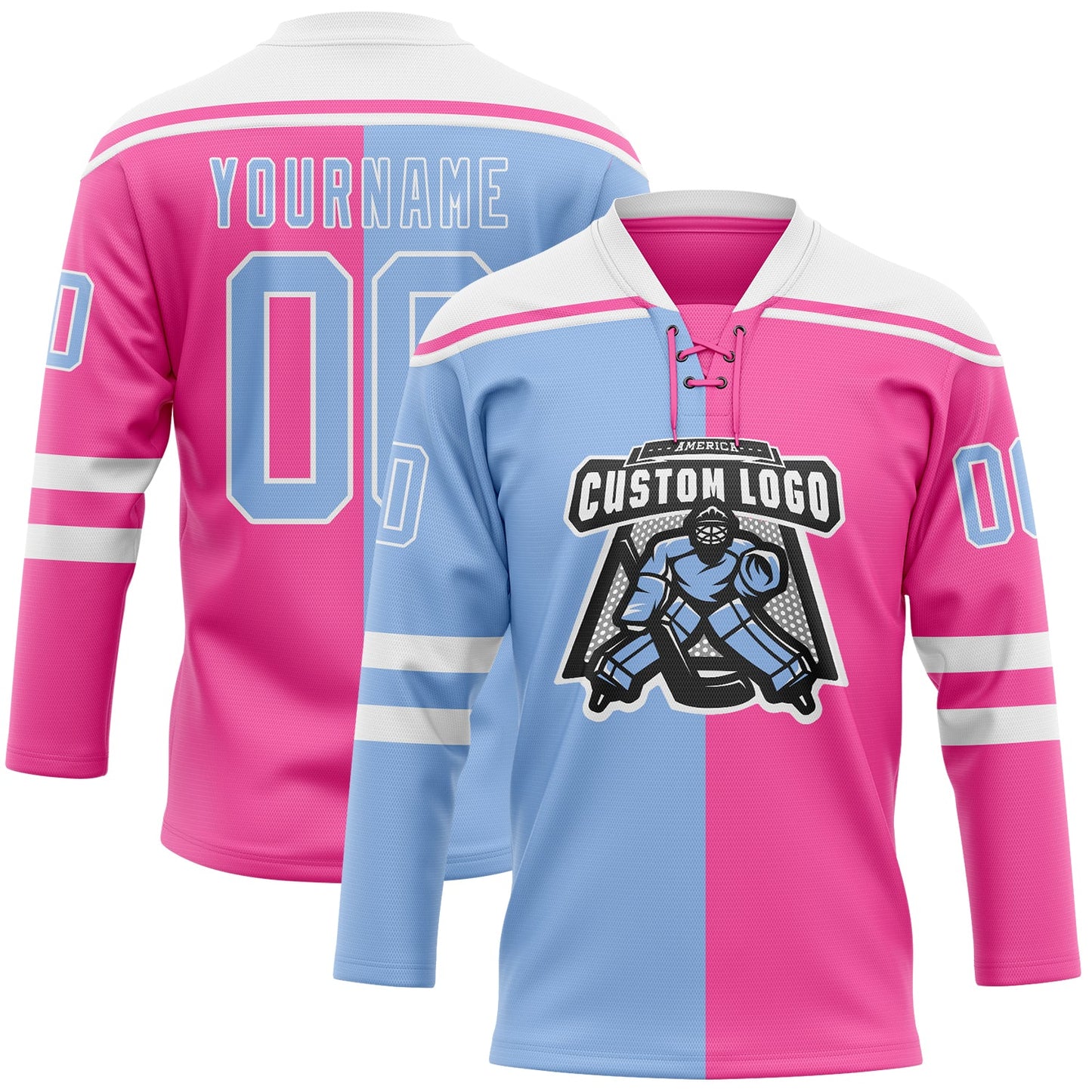 Custom Pink Light Blue-White Split Fashion Hockey Lace Neck Jersey view 2