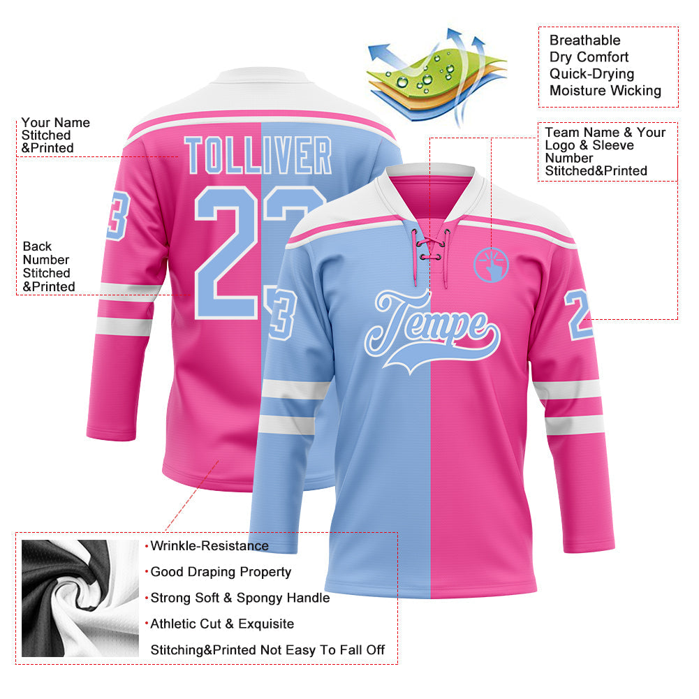 Custom Pink Light Blue-White Split Fashion Hockey Lace Neck Jersey view 5