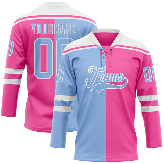 Custom Pink Light Blue-White Split Fashion Hockey Lace Neck Jersey - Main View