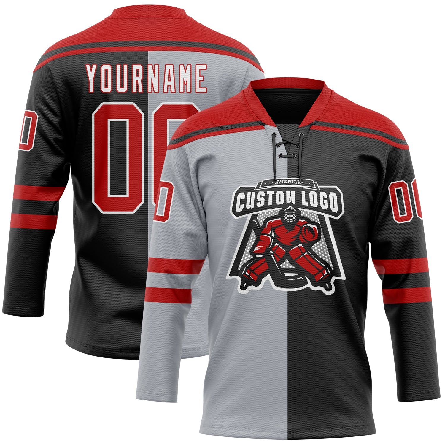 Custom Black Red Gray-White Split Fashion Hockey Lace Neck Jersey view 2