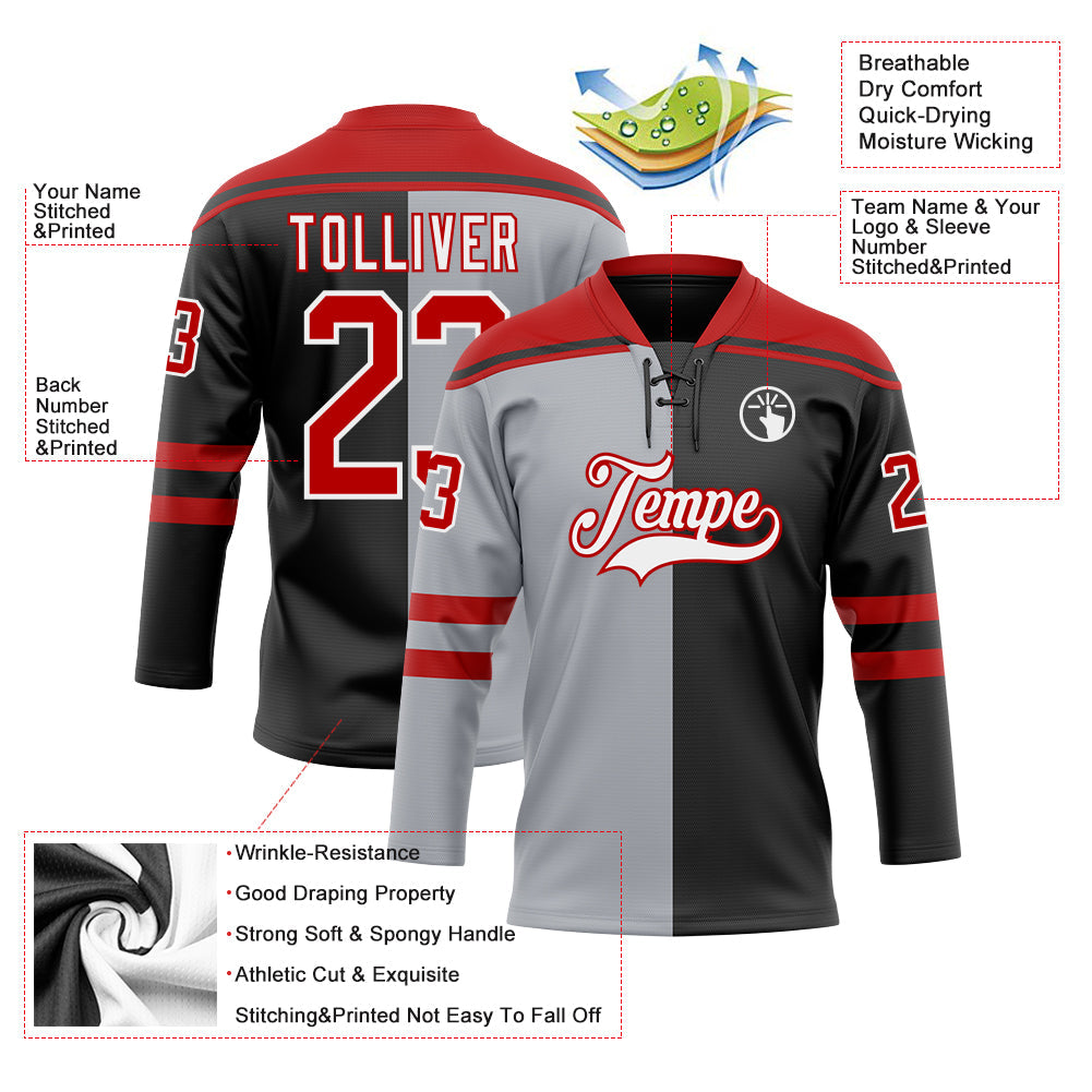 Custom Black Red Gray-White Split Fashion Hockey Lace Neck Jersey view 5