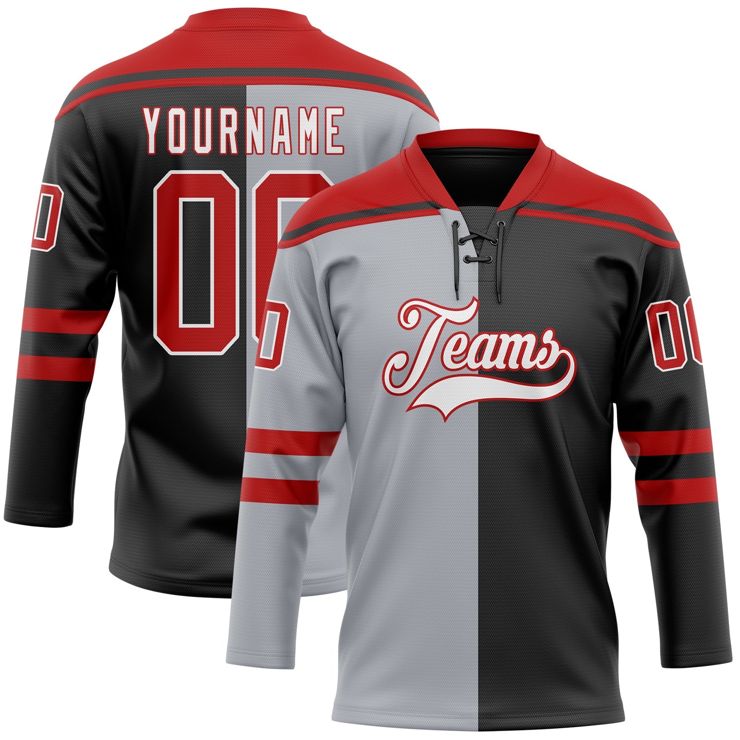 Custom Black Red Gray-White Split Fashion Hockey Lace Neck Jersey - Main View