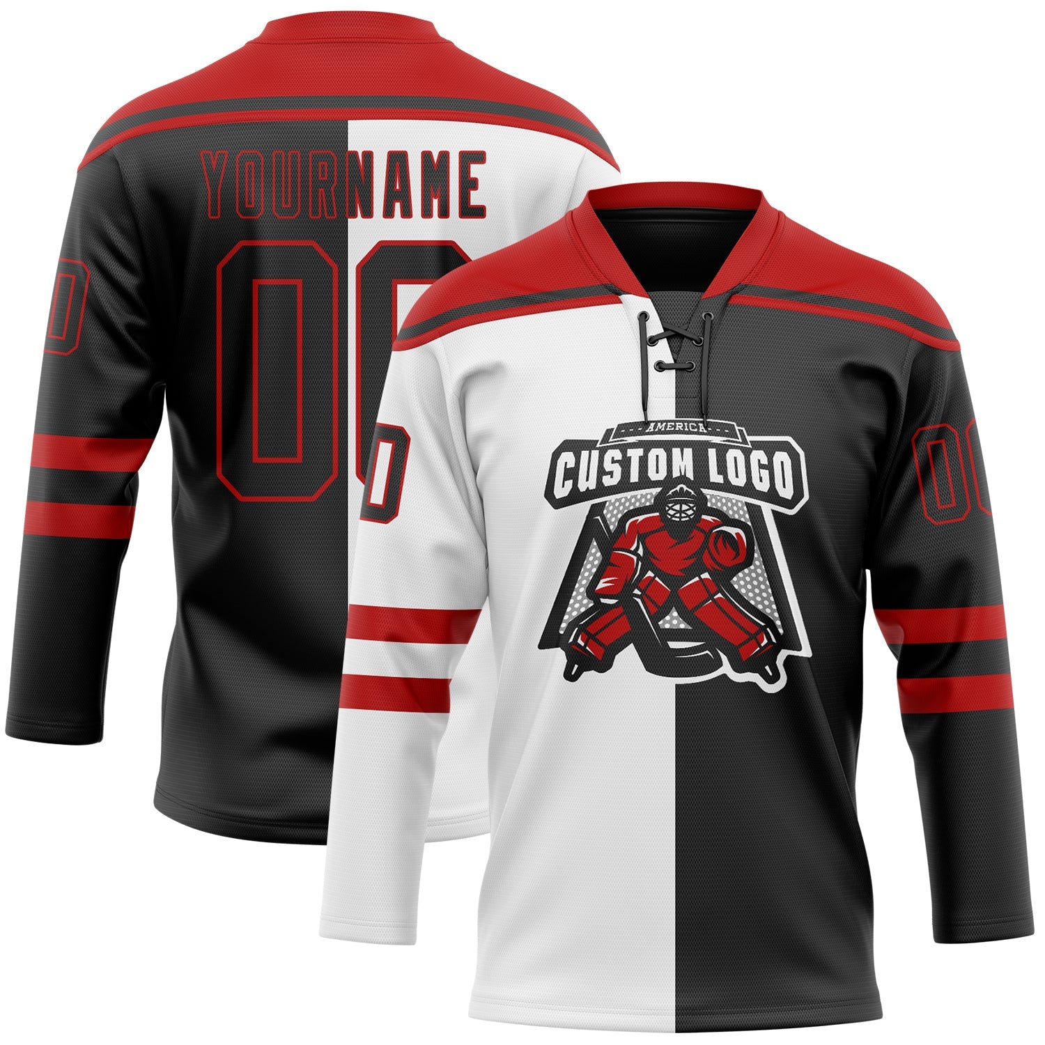 Custom Black Red-White Split Fashion Hockey Lace Neck Jersey view 2