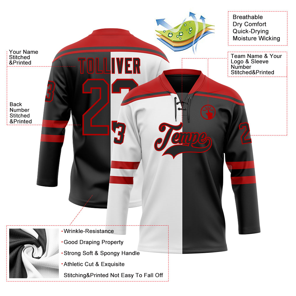 Custom Black Red-White Split Fashion Hockey Lace Neck Jersey view 5