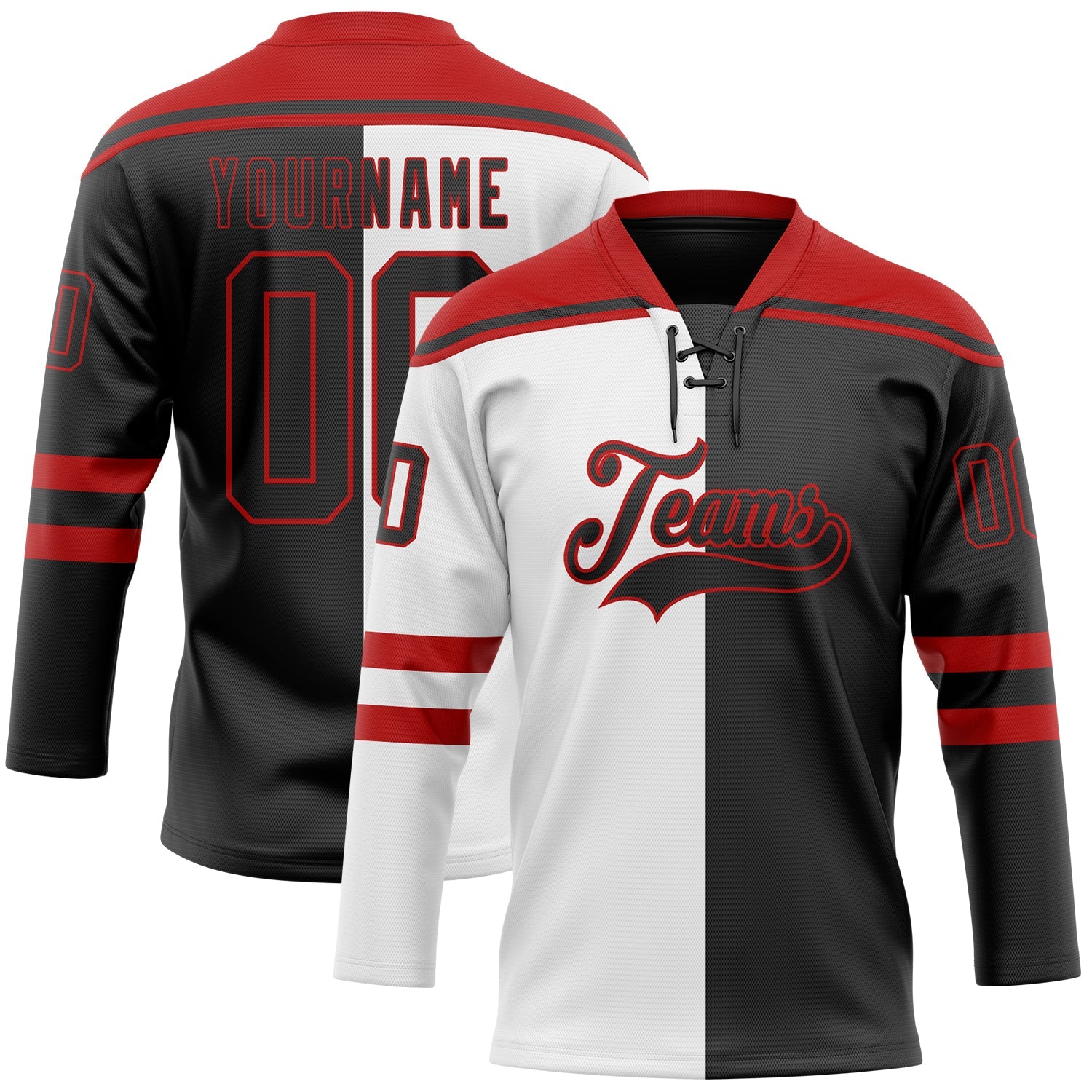 Custom Black Red-White Split Fashion Hockey Lace Neck Jersey - Main View