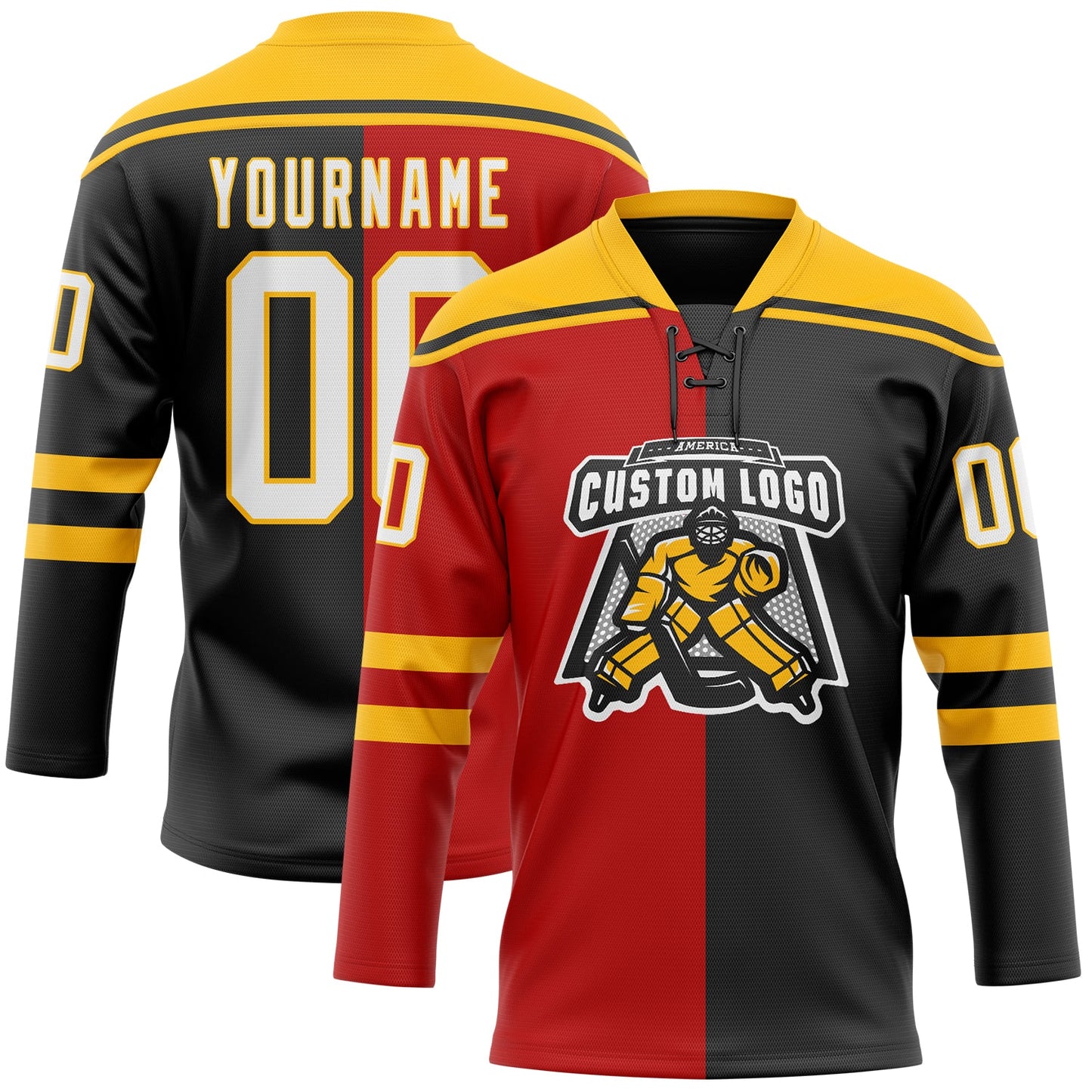 Custom Black White Red-Gold Split Fashion Hockey Lace Neck Jersey view 2