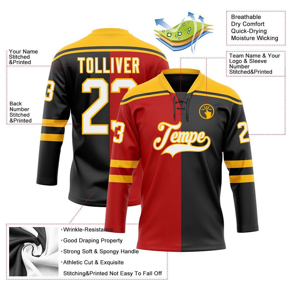 Custom Black White Red-Gold Split Fashion Hockey Lace Neck Jersey view 5