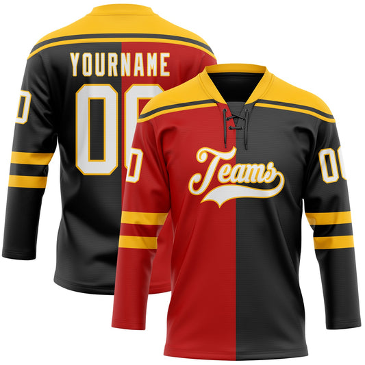 Custom Black White Red-Gold Split Fashion Hockey Lace Neck Jersey - Main View