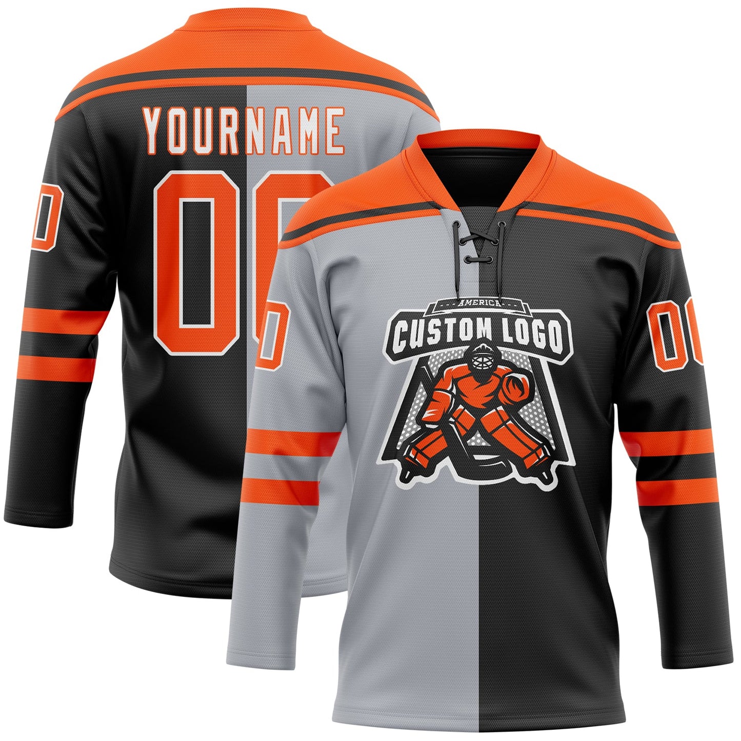 Custom Black Orange Gray-White Split Fashion Hockey Lace Neck Jersey view 2