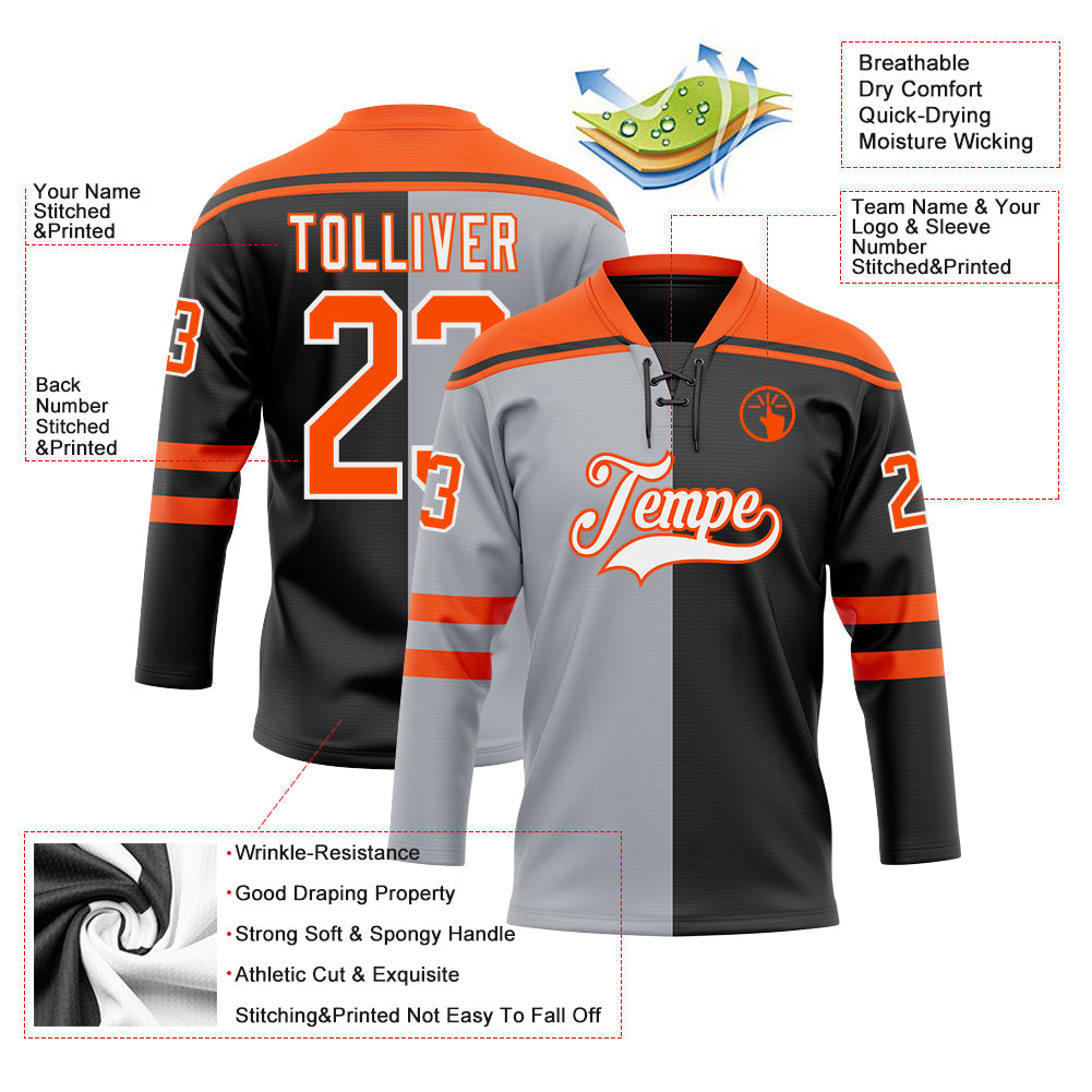 Custom Black Orange Gray-White Split Fashion Hockey Lace Neck Jersey view 5
