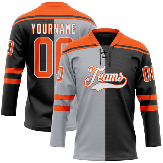 Custom Black Orange Gray-White Split Fashion Hockey Lace Neck Jersey - Main View