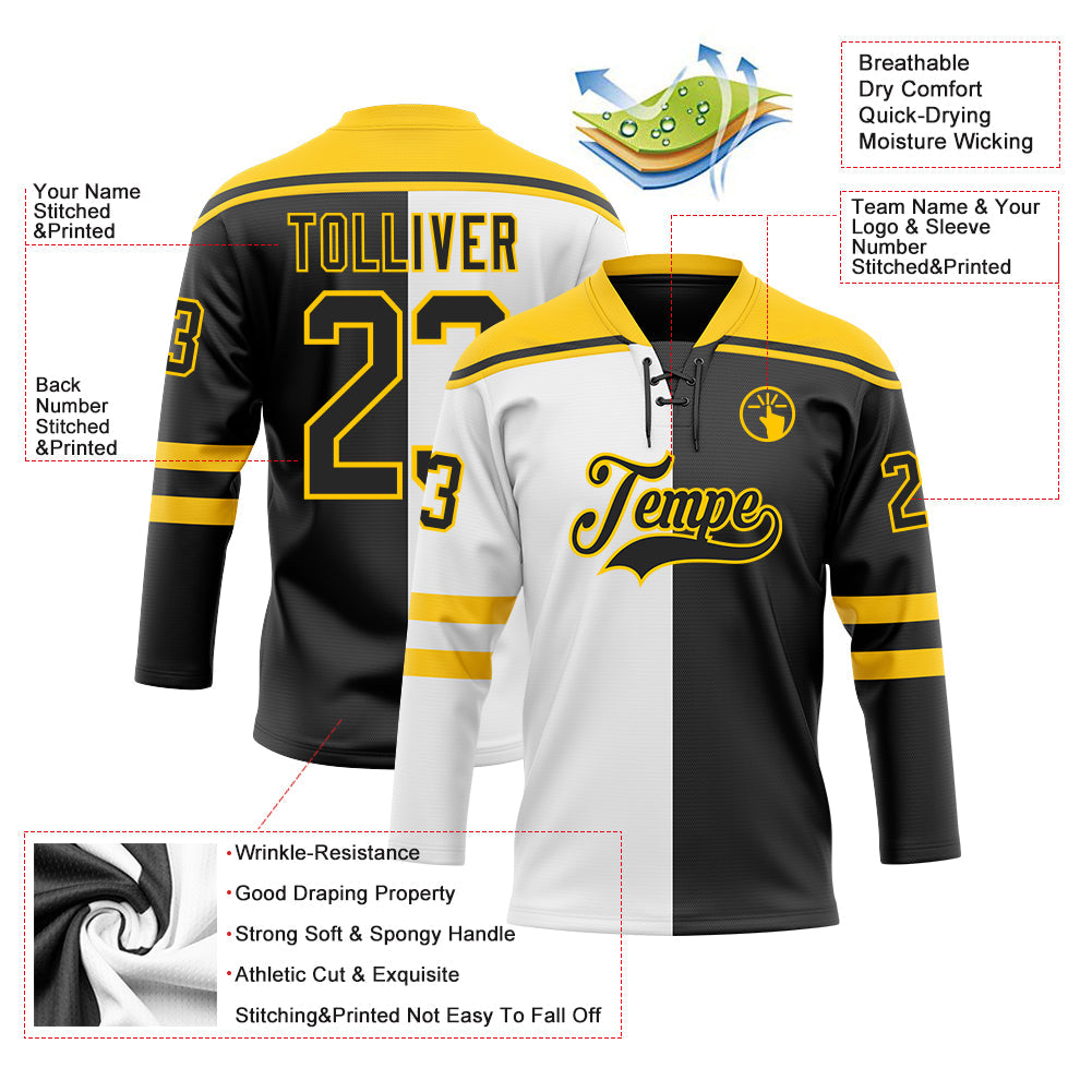 Custom Black Yellow-White Split Fashion Hockey Lace Neck Jersey view 5