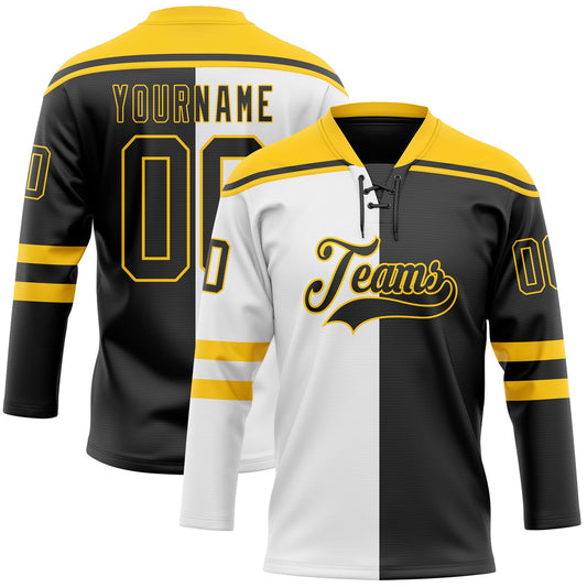Custom Black Yellow-White Split Fashion Hockey Lace Neck Jersey - Main View